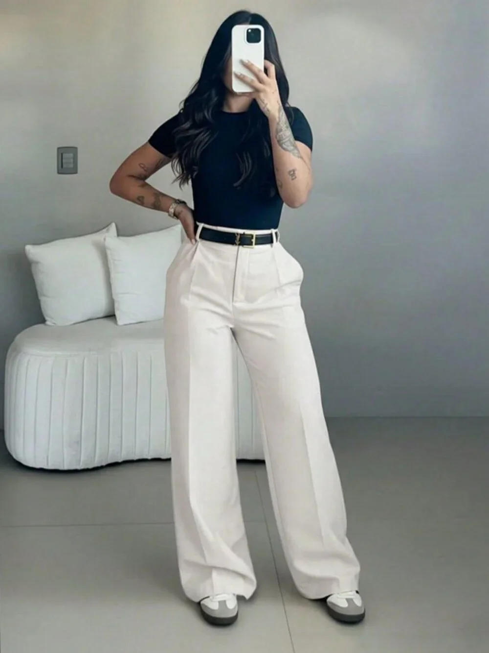 White Elegant Women's High Waist Slim Fit Wide Leg Pants